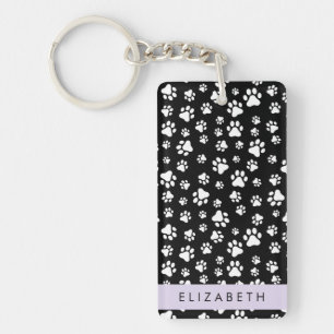Paw Pattern, Dog Paws, Black and White, Your Name Key Ring
