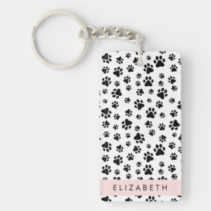 Paw Pattern, Dog Paws, Black and White, Your Name Key Ring