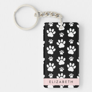 Paw Pattern, Dog Paws, Black and White, Your Name Key Ring