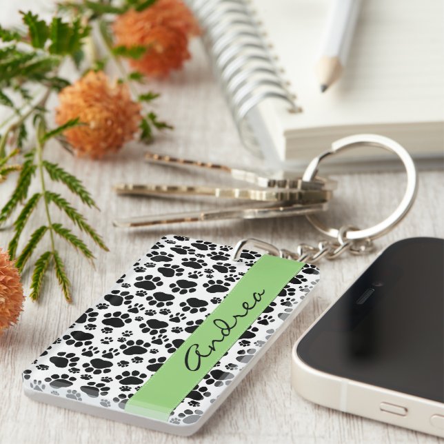 Paw Pattern, Dog Paws, Black and White, Your Name Key Ring (Front Right)