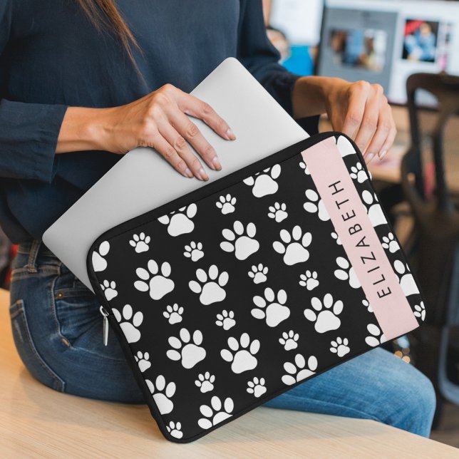 Paw Pattern, Dog Paws, Black and White, Your Name Laptop Sleeve (Creator Uploaded)