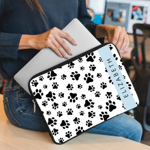 Paw Pattern, Dog Paws, Black and White, Your Name Laptop Sleeve
