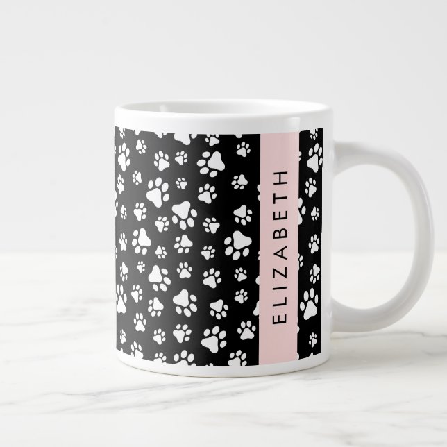 Paw Pattern, Dog Paws, Black and White, Your Name Large Coffee Mug (Right)