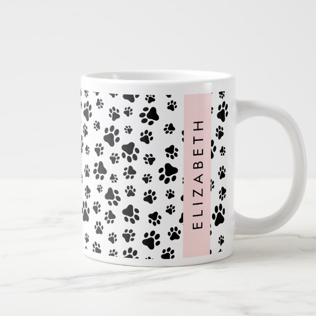 Paw Pattern, Dog Paws, Black and White, Your Name Large Coffee Mug (Right)
