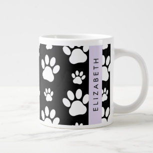 Paw Pattern, Dog Paws, Black and White, Your Name Large Coffee Mug
