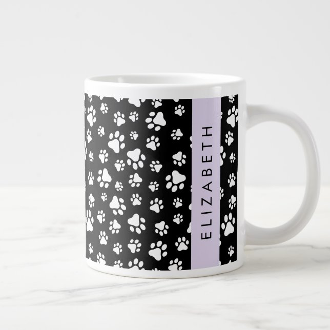 Paw Pattern, Dog Paws, Black and White, Your Name Large Coffee Mug (Right)