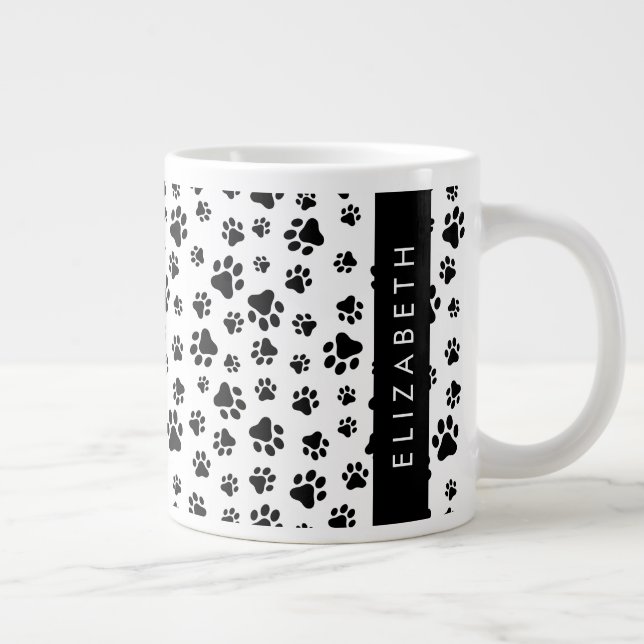 Paw Pattern, Dog Paws, Black and White, Your Name Large Coffee Mug (Right)