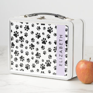 Paw Pattern, Dog Paws, Black and White, Your Name Metal Lunch Box