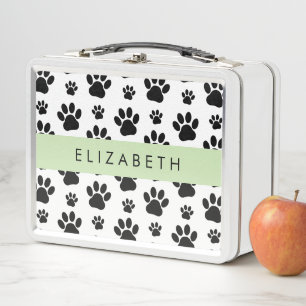 Paw Pattern, Dog Paws, Black and White, Your Name Metal Lunch Box