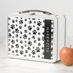 Paw Pattern, Dog Paws, Black and White, Your Name Metal Lunch Box