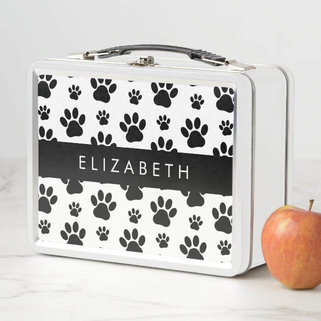 Paw Pattern, Dog Paws, Black and White, Your Name Metal Lunch Box (In Situ)