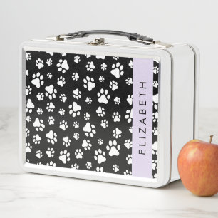 Paw Pattern, Dog Paws, Black and White, Your Name Metal Lunch Box