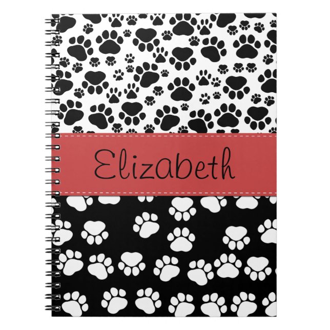 Paw Pattern, Dog Paws, Black and White, Your Name Notebook (Front)
