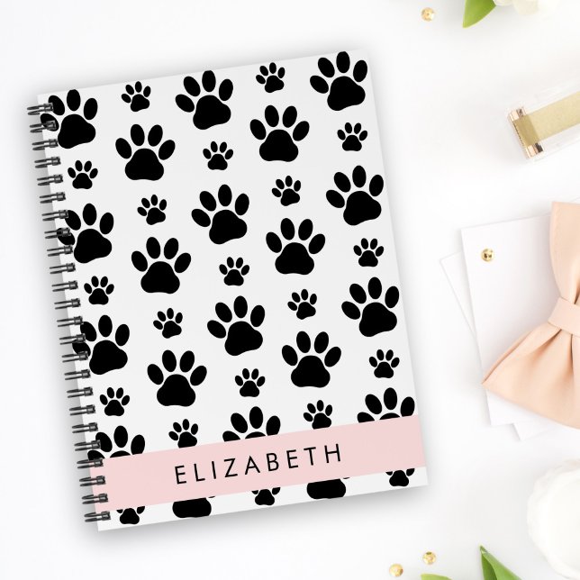 Paw Pattern, Dog Paws, Black and White, Your Name Notebook (Creator Uploaded)