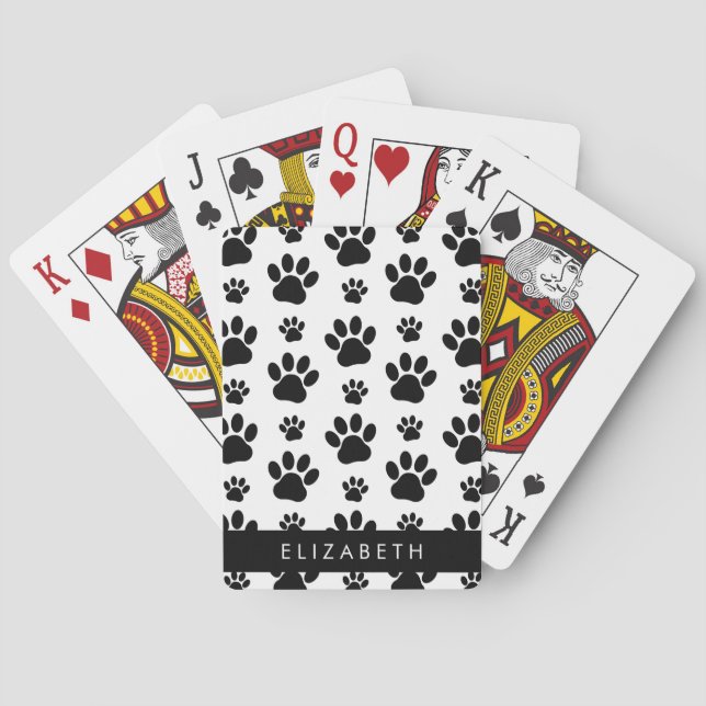 Paw Pattern, Dog Paws, Black and White, Your Name Playing Cards (Back)