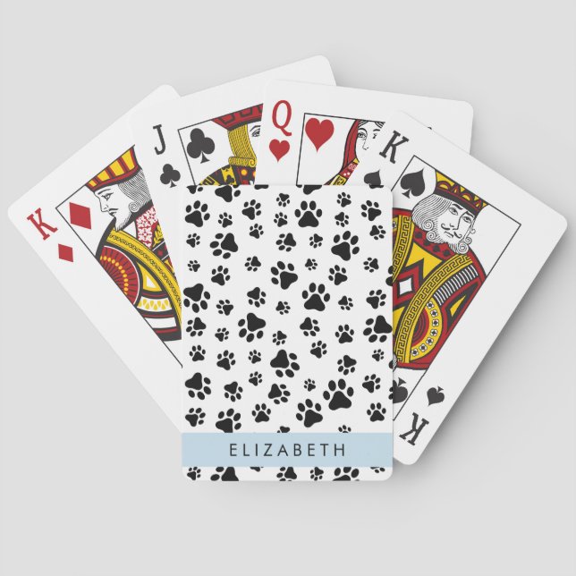 Paw Pattern, Dog Paws, Black and White, Your Name Playing Cards (Back)