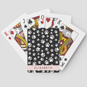 Paw Pattern, Dog Paws, Black and White, Your Name Playing Cards