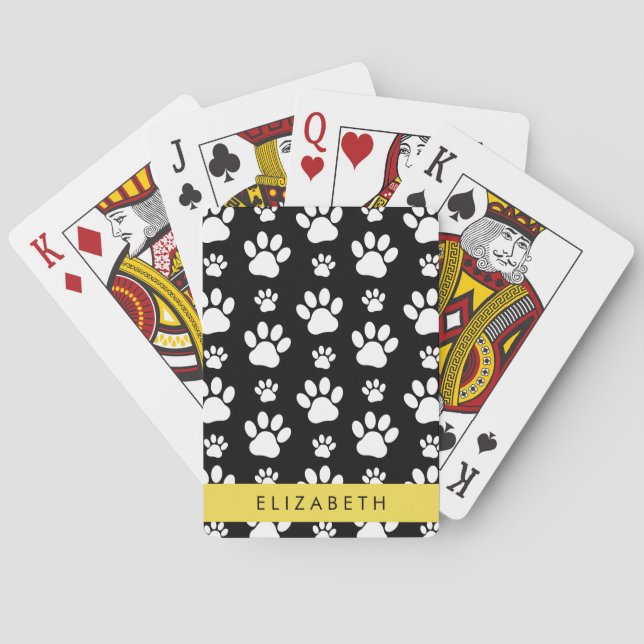 Paw Pattern, Dog Paws, Black and White, Your Name Playing Cards (Back)