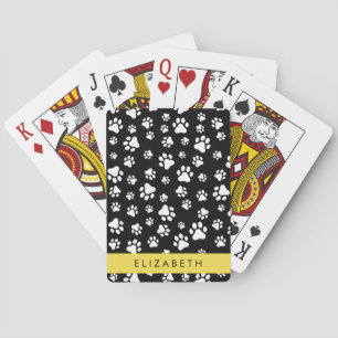 Paw Pattern, Dog Paws, Black and White, Your Name Playing Cards