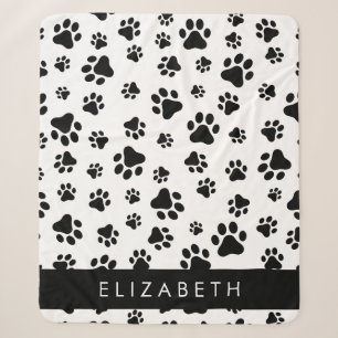 Paw Pattern, Dog Paws, Black and White, Your Name Sherpa Blanket