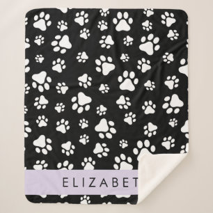 Paw Pattern, Dog Paws, Black and White, Your Name Sherpa Blanket