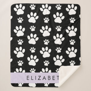 Paw Pattern, Dog Paws, Black and White, Your Name Sherpa Blanket