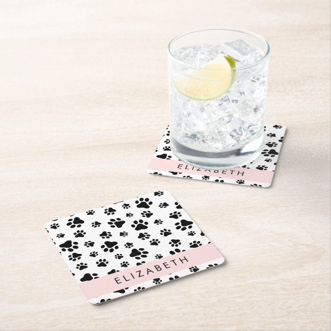 Paw Pattern, Dog Paws, Black and White, Your Name Square Paper Coaster (Insitu)