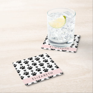 Paw Pattern, Dog Paws, Black and White, Your Name Square Paper Coaster