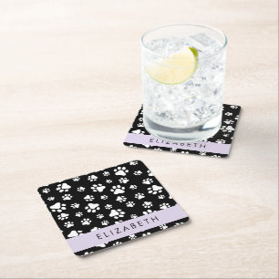 Paw Pattern, Dog Paws, Black and White, Your Name Square Paper Coaster