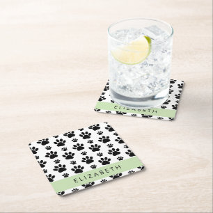 Paw Pattern, Dog Paws, Black and White, Your Name Square Paper Coaster