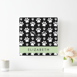 Paw Pattern, Dog Paws, Black and White, Your Name Square Wall Clock