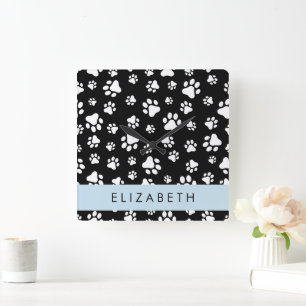 Paw Pattern, Dog Paws, Black and White, Your Name Square Wall Clock