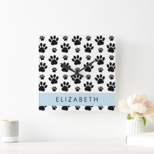 Paw Pattern, Dog Paws, Black and White, Your Name Square Wall Clock