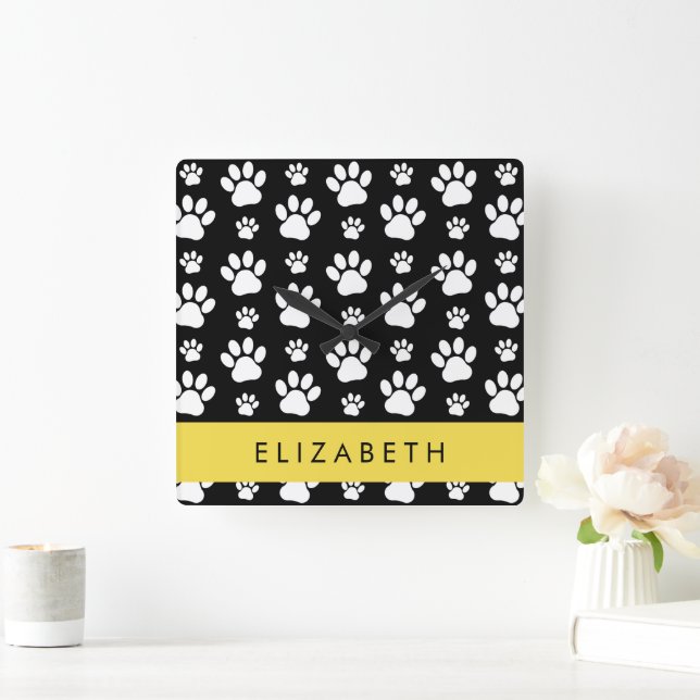 Paw Pattern, Dog Paws, Black and White, Your Name Square Wall Clock (Home)