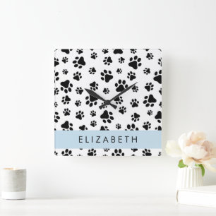 Paw Pattern, Dog Paws, Black and White, Your Name Square Wall Clock