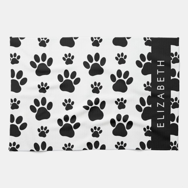 Paw Pattern, Dog Paws, Black and White, Your Name Tea Towel (Horizontal)