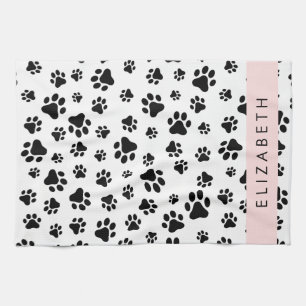 Paw Pattern, Dog Paws, Black and White, Your Name Tea Towel
