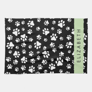 Paw Pattern, Dog Paws, Black and White, Your Name Tea Towel