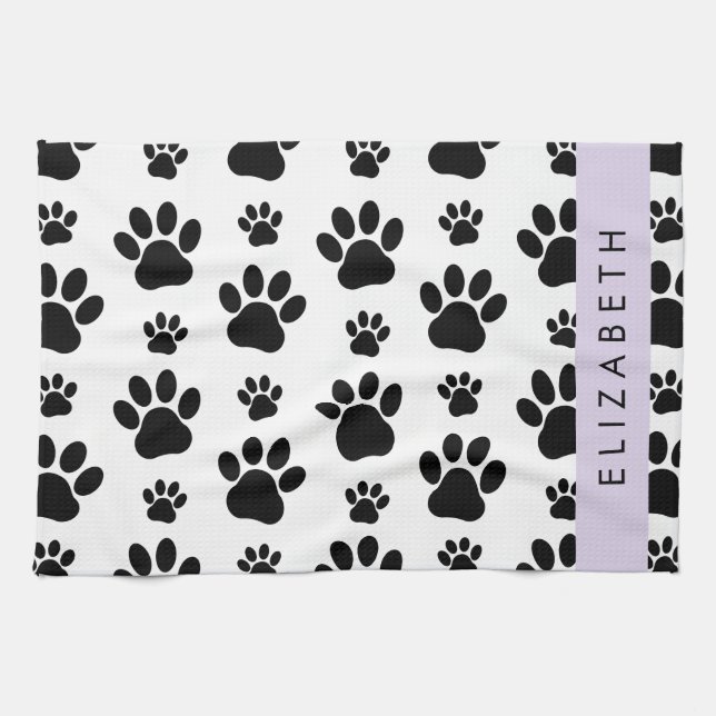 Paw Pattern, Dog Paws, Black and White, Your Name Tea Towel (Horizontal)