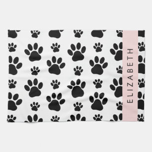 Paw Pattern, Dog Paws, Black and White, Your Name Tea Towel