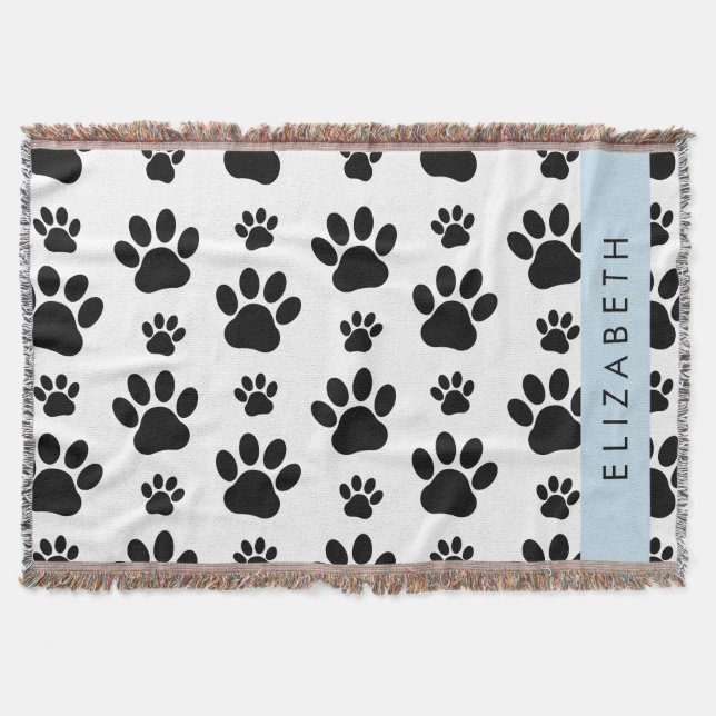 Paw Pattern, Dog Paws, Black and White, Your Name Throw Blanket (Front)