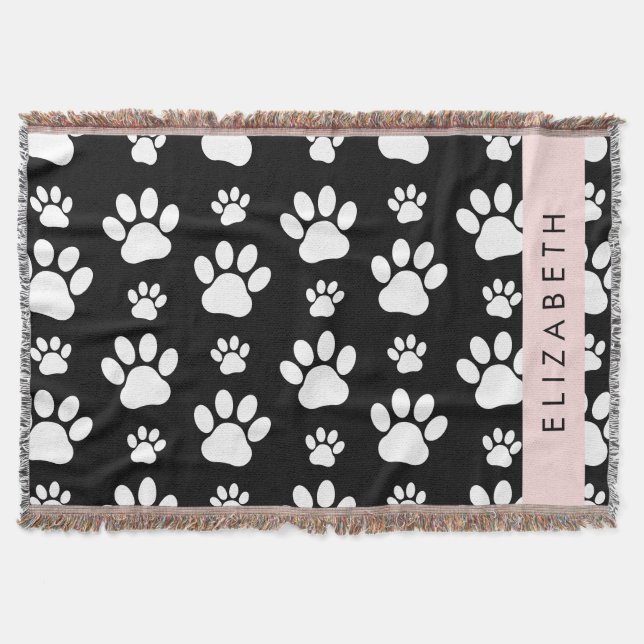 Paw Pattern, Dog Paws, Black and White, Your Name Throw Blanket (Front)