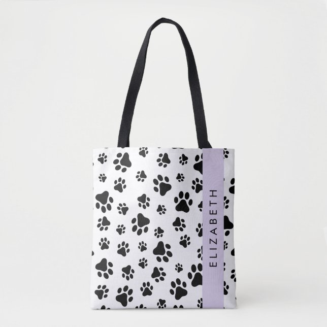 Paw Pattern, Dog Paws, Black and White, Your Name Tote Bag (Front)