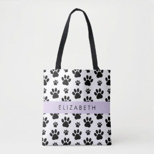 Paw Pattern, Dog Paws, Black and White, Your Name Tote Bag