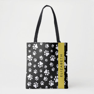 Paw Pattern, Dog Paws, Black and White, Your Name Tote Bag