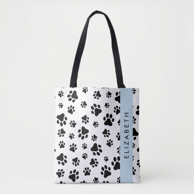 Paw Pattern, Dog Paws, Black and White, Your Name Tote Bag (Front)