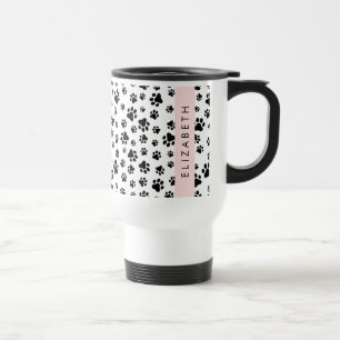Paw Pattern, Dog Paws, Black and White, Your Name Travel Mug