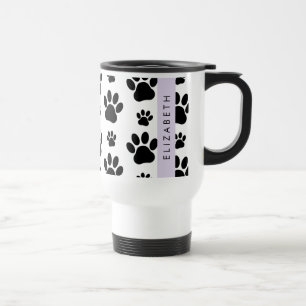 Paw Pattern, Dog Paws, Black and White, Your Name Travel Mug