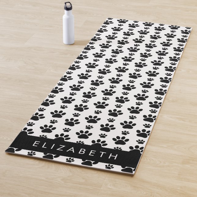 Paw Pattern, Dog Paws, Black and White, Your Name Yoga Mat (In Situ)