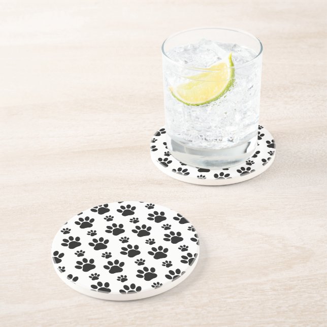 Paw Pattern, Dog Paws, Paw Prints, Black and White Coaster (Side)